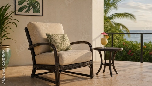 Quadro su tela A lounge chair and side table with a drink on a tiled lanai in soft afternoon light