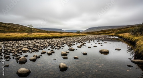 Rocky riverbed with flowing water under overcast sky in Iceland creating a peaceful and natural scenic view of the landscape
