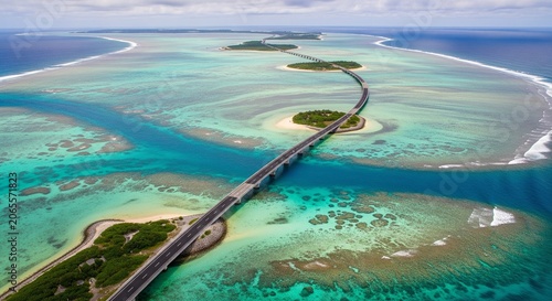 Scenic aerial view of the stunning bridge connecting islands over vibrant turquoise waters in Okinawa Japan on a sunny day