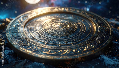 Intricate Gold and Bronze Medallion with Celestial Engravings and Ancient Symbols, a Mystical Artifact