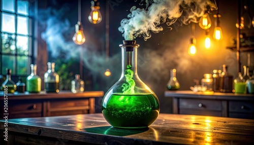 Intricate glass alembic bubbling with vibrant green liquid and emitting mystical smoke in a dimly lit laboratory