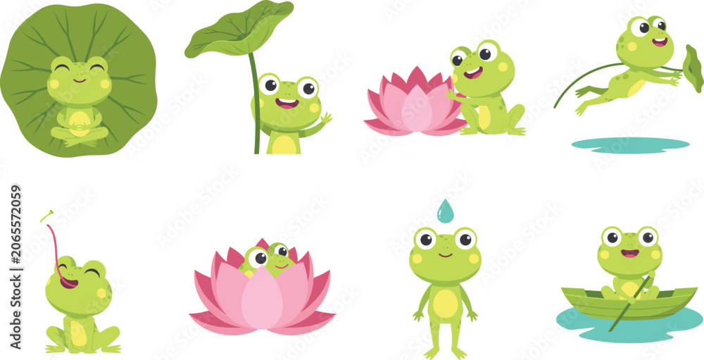 Obraz premium Cute Green Frog Character Set Sitting in Lotus Flower and Rowing Boat for Kids Nursery Prints, Playful Stickers, and Children Graphic Designs