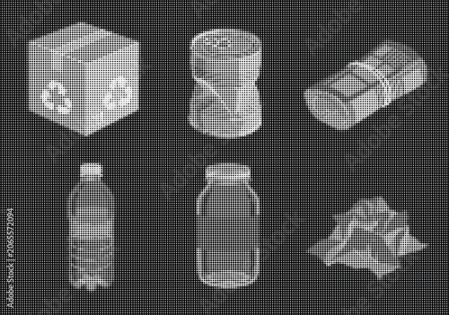 The illustration shows a collection of recyclable items on a dark background