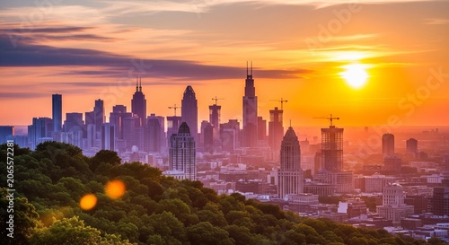 Skyline of Chicago skyscrapers at sunset with vibrant orange and purple sky viewed from a high vantage point with lush green trees in foreground