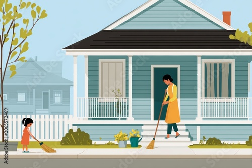 Parent sweeping front porch while child plays nearby, minimal street and house background. Family chores, suburban daily life, outdoor home routine  flat illustration.