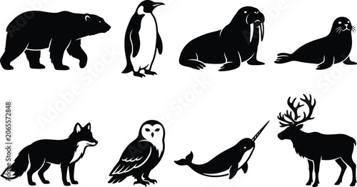 Konstfotografi Arctic and Antarctic Polar Wildlife Silhouette Vector Icon Set Featuring Polar B