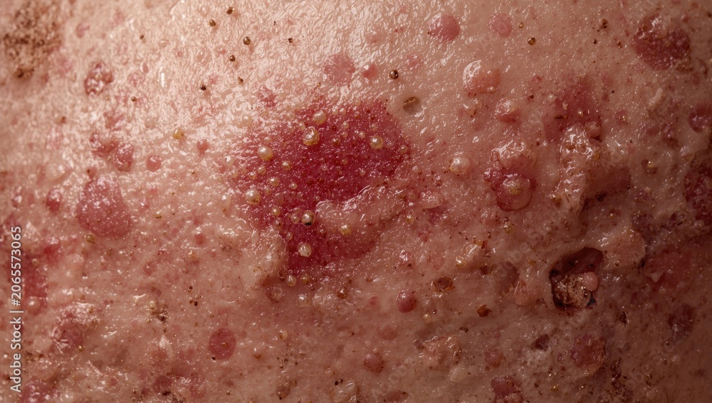 Fototapeta premium Sharp detailed close-up of autoimmune psoriasis vulgaris skin lesions for scientific documentation