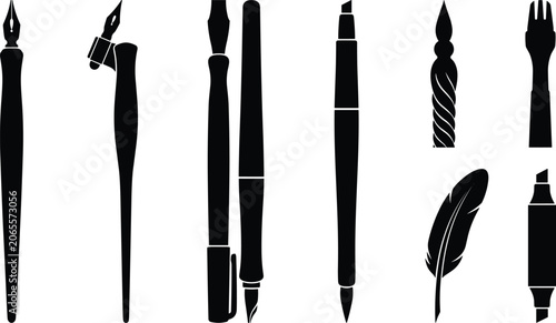 Obraz na plátně Calligraphy Pens and Writing Instruments Silhouette Vector Icon Set Featuring Fo