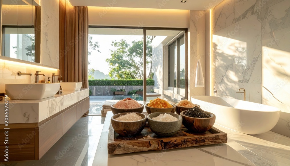 Fototapeta premium An assortment of natural bath salts in wooden bowls arranged on a tray in a luxurious spa setting