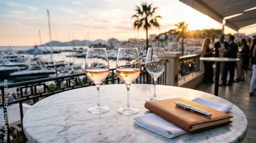 Fototapeta premium Creative business collaboration concept featuring rose wine and a notebook at a networking event