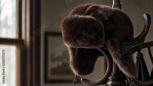 Fotografie Deep brown bearskin ushanka hat resting on a dark wooden coat rack