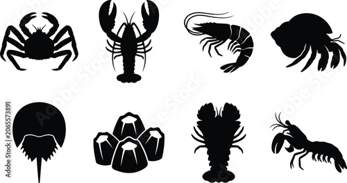 Bilde på lerret Marine Crustaceans and Seafood Silhouettes Vector Icon Set Featuring Crab Lobste