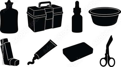 Fotografija Medical First Aid Kit and Healthcare Supplies Silhouette Vector Icon Set Featuri