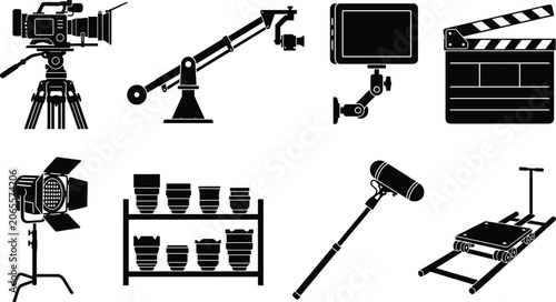 Canvastavla Movie Production and Filmmaking Equipment Silhouette Vector Icon Set Featuring C
