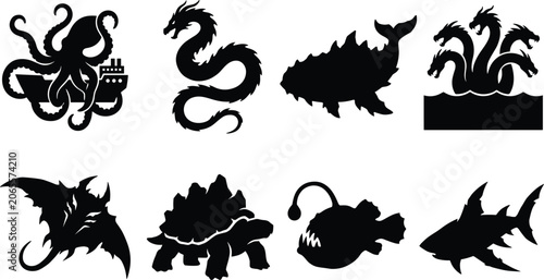 Fotografie Mythical Sea Monster and Deep Ocean Creature Silhouette Vector Icon Set Featurin