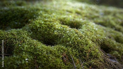 Tableau sur toile Small indentations in damp green moss with morning light.