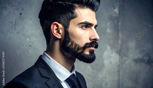 Precisely trimmed goatee on a dapper man in a sharp suit, showcasing modern masculine style
