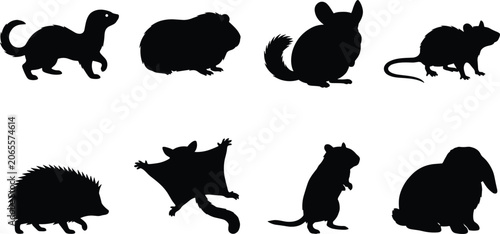 Foto Small Pet Animals and Exotic Rodents Silhouette Vector Icon Set Featuring Rabbit