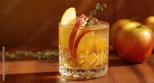 Refreshing golden apple cider cocktail in crystal glass garnished with fresh apple slices lemon and thyme