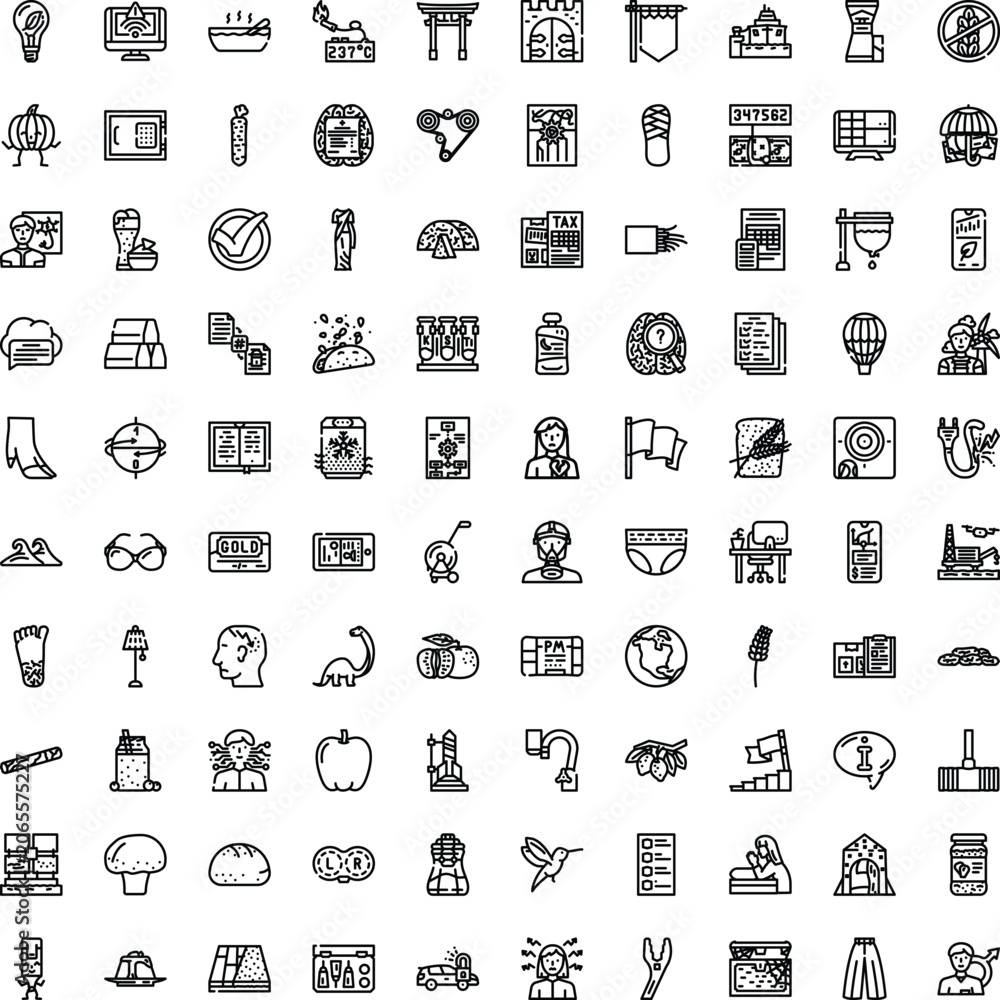 Fototapeta premium Set of minimalist line art icons symbolizing a wide range of subjects from technology and finance to food, nature, and everyday objects, representing various human activities and abstract ideas