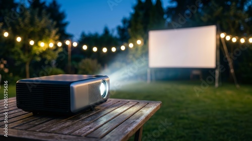 Summer movie night entertainment concept featuring a digital projector and outdoor screen in a garden.
