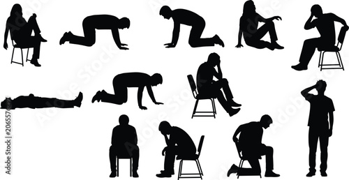Fotografía Collection of black silhouettes featuring sad, depressed, or stressed people in