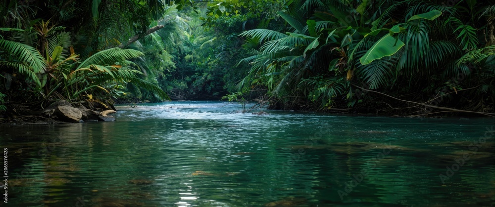 Fototapeta premium Tropical river with lush green vegetation on both sides