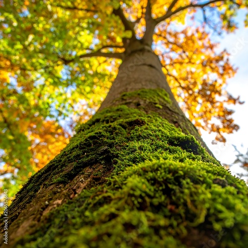 Moss Covered Tree Trunk Rising Toward Colorful Autumn Canopy in Forest