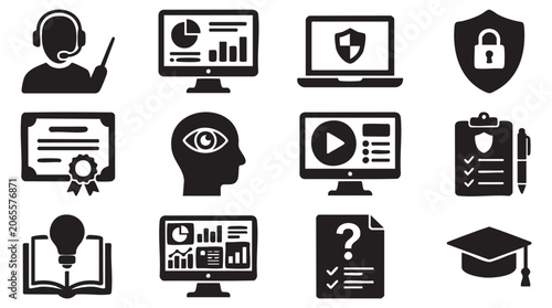 Education, learning, and security icons, 10 black vector symbols, business and technology concepts
