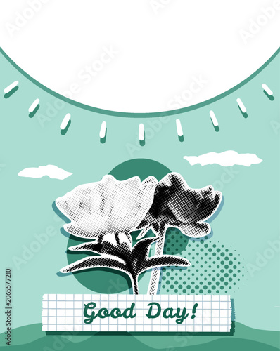 Peonies on Green Background Banner. Pop Art Good Day Collage
