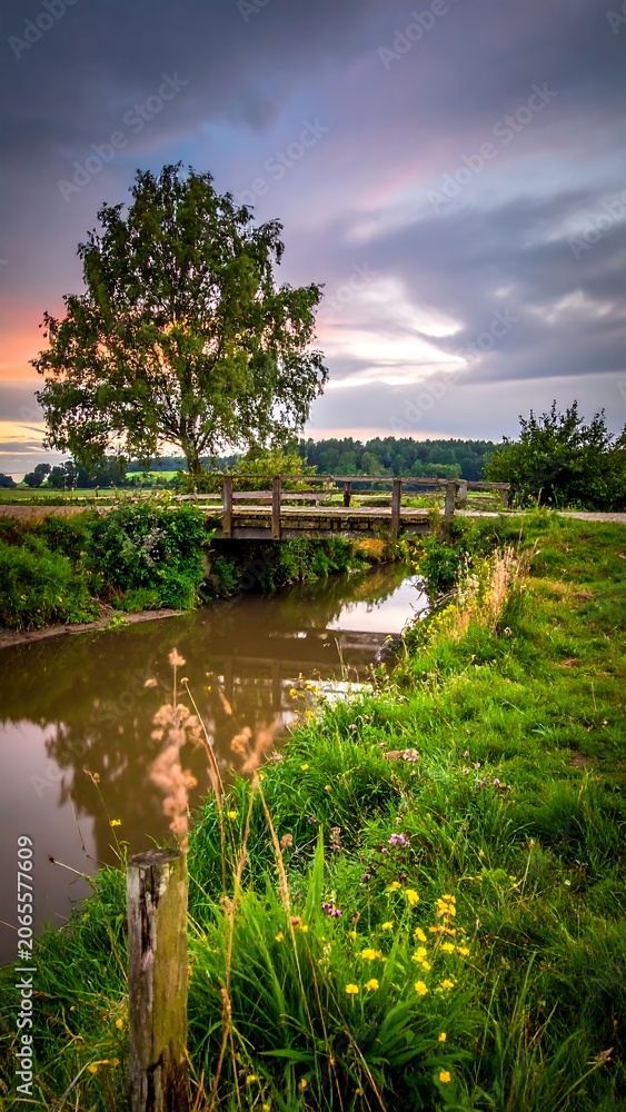 Fototapeta premium Rustic bridge over a tranquil stream at sunset