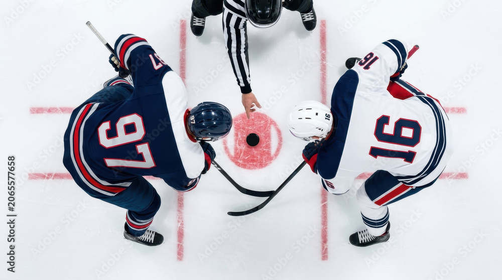 Obraz premium Overhead view of referee dropping puck between opposing hockey players. Concept of professional match opening, fair officiating, team rivalry and tactical competition.