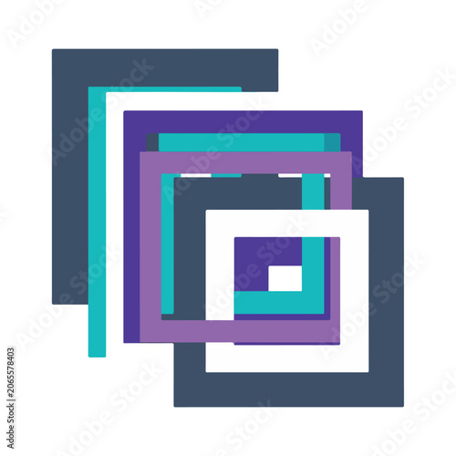 Geometric shapes and squares in purple, blue, and white colors
