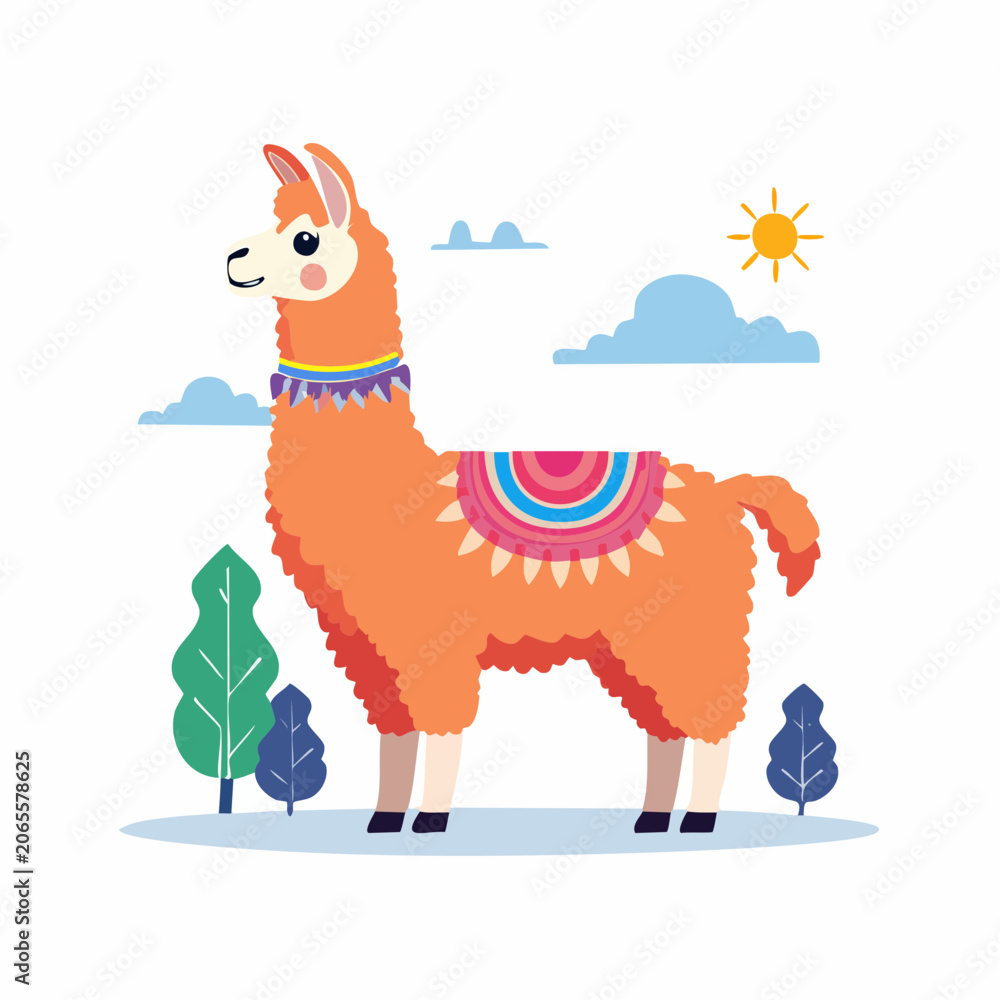 Fototapeta premium Cute Orange Llama Illustration with Colorful Saddle and Neckwear