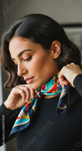 Elegant Woman Styling a Vibrant Silk Scarf Around Her Neck