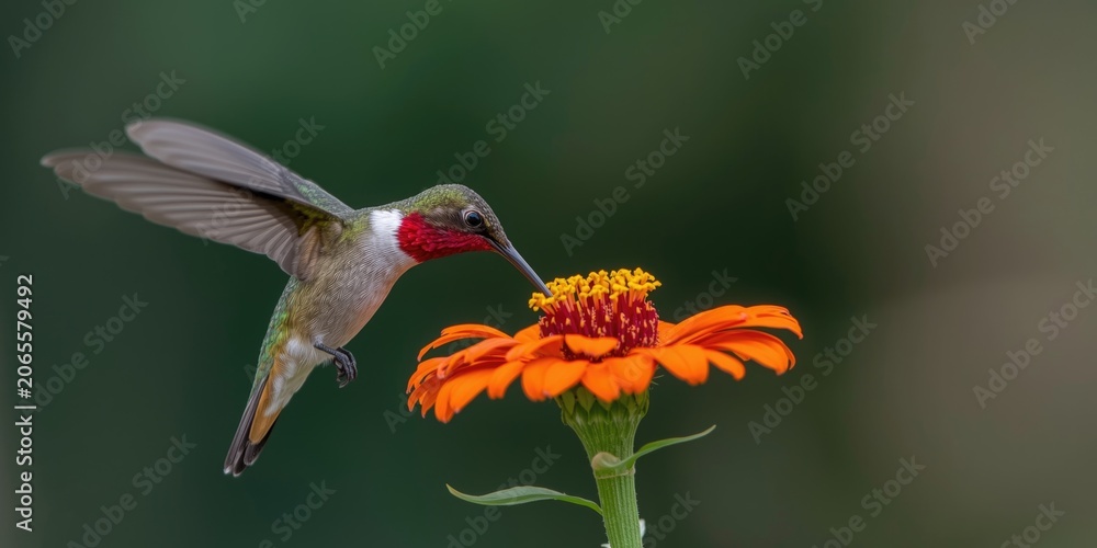 Obraz premium Ruby throated hummingbird hovering and drinking nectar from bright orange garden zinnia