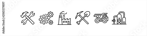 A comprehensive set of industrial and mining line icons including tools, gears, factory, excavation equipment, dump truck, and refinery. Ideal for engineering and construction projects.
