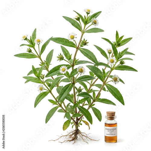 Eclipta Prostrata Plant With Roots And Herbal Medicine Vial White Background