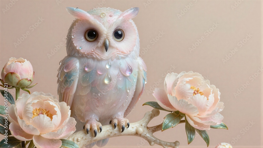 Obraz premium A delicate owl with wings spread, perched among soft pink peonies.