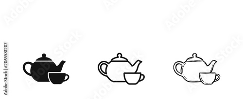 Foto Teapot and teacup icon set for tea time in solid, outline, and hand-drawn styles