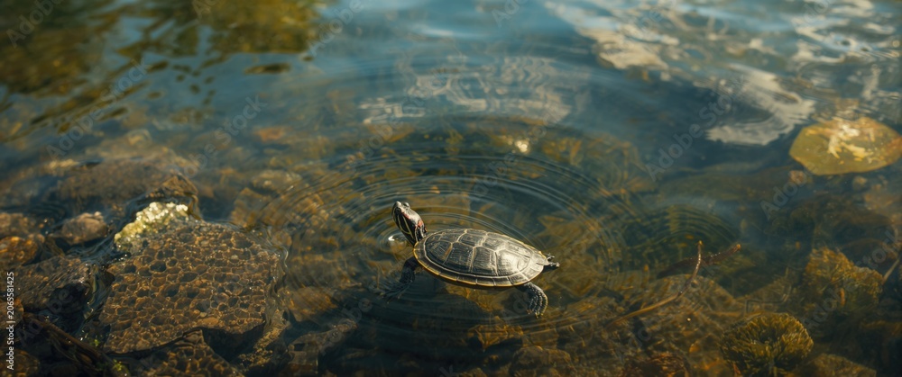 Fototapeta premium Lively red eared slider pet moving along peaceful water