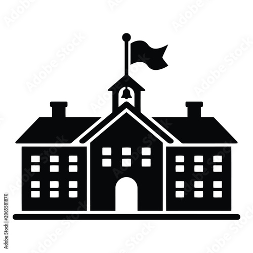 Black and white school building illustration with flag