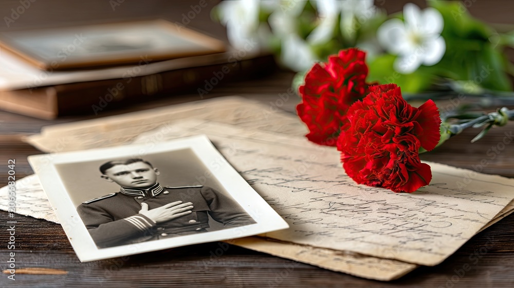 Obraz premium Still life featuring a black and white portrait of a soldier with handwritten documents and red carnations on a wooden surface