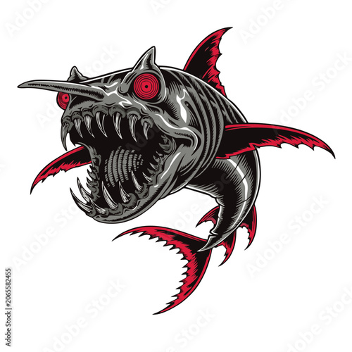 A horrifying goblin shark extending its jaws aggressively