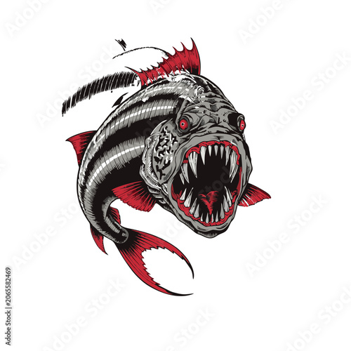 A ferocious Goliath tigerfish lunging forward with jaws fully open