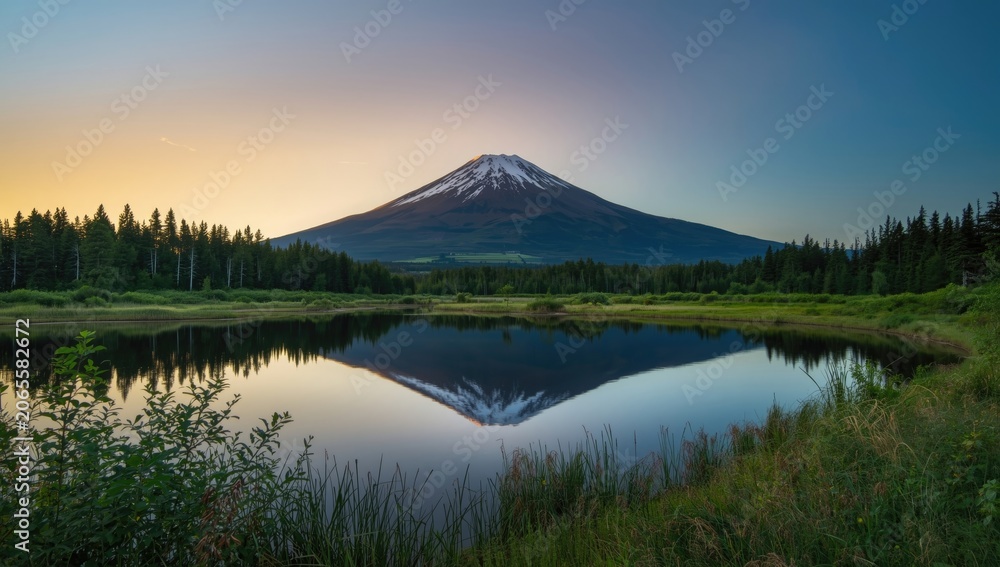 Obraz premium Mount Fuji reflected in a tranquil lake at sunset