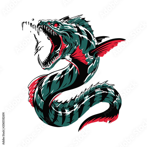 A fierce moray eel with its jaws stretched wide in an aggressive strike