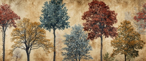 Colorful trees with autumn foliage against a textured background