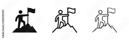 Photos Achievement icon set with person on mountain peak holding flag in solid line and