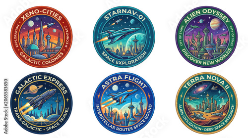 Bild auf Leinwand Futuristic space exploration and galactic city mission patches